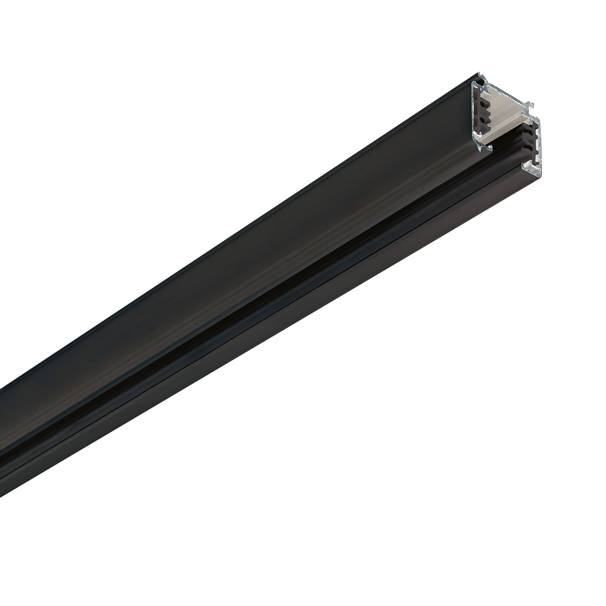 The Brillia 3-Phase Trimless Profile Surface-Mounted Track (3m) in black features an L-shaped metal design with a hollow interior, set against a white background. This track offers grooves and a sleek finish, making it an ideal modern lighting solution for 3-phase lighting track installations.