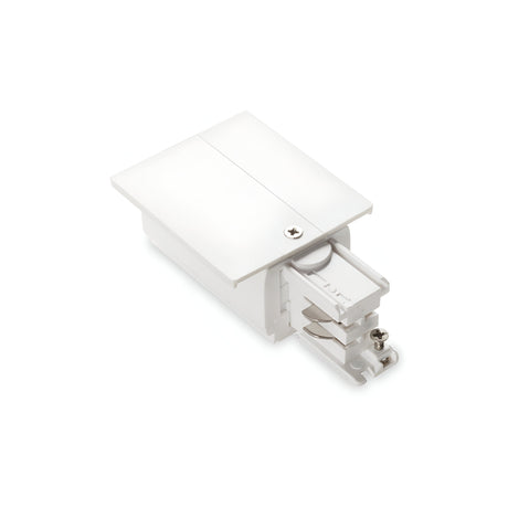 The Brillia 3-Phase Trim Track End-Right Power Input in white is a rectangular electrical fitting with a flat cover and visible screw on top, designed to feature a connection clamp for power input. Positioned against a plain white background, it complements 3-phase track lighting and holds an IP20 rating for indoor use.