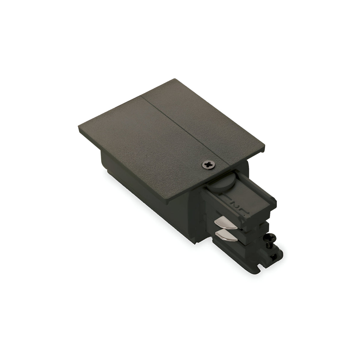 The Brillia 3-Phase Trim Track End-Right Power Input - On-Off in black is an electrical connector designed for 3-phase track lighting. It has a flat top cover with metallic attachments on one side, includes a single screw on the top surface, and features a protruding section at the bottom to facilitate easy power input.