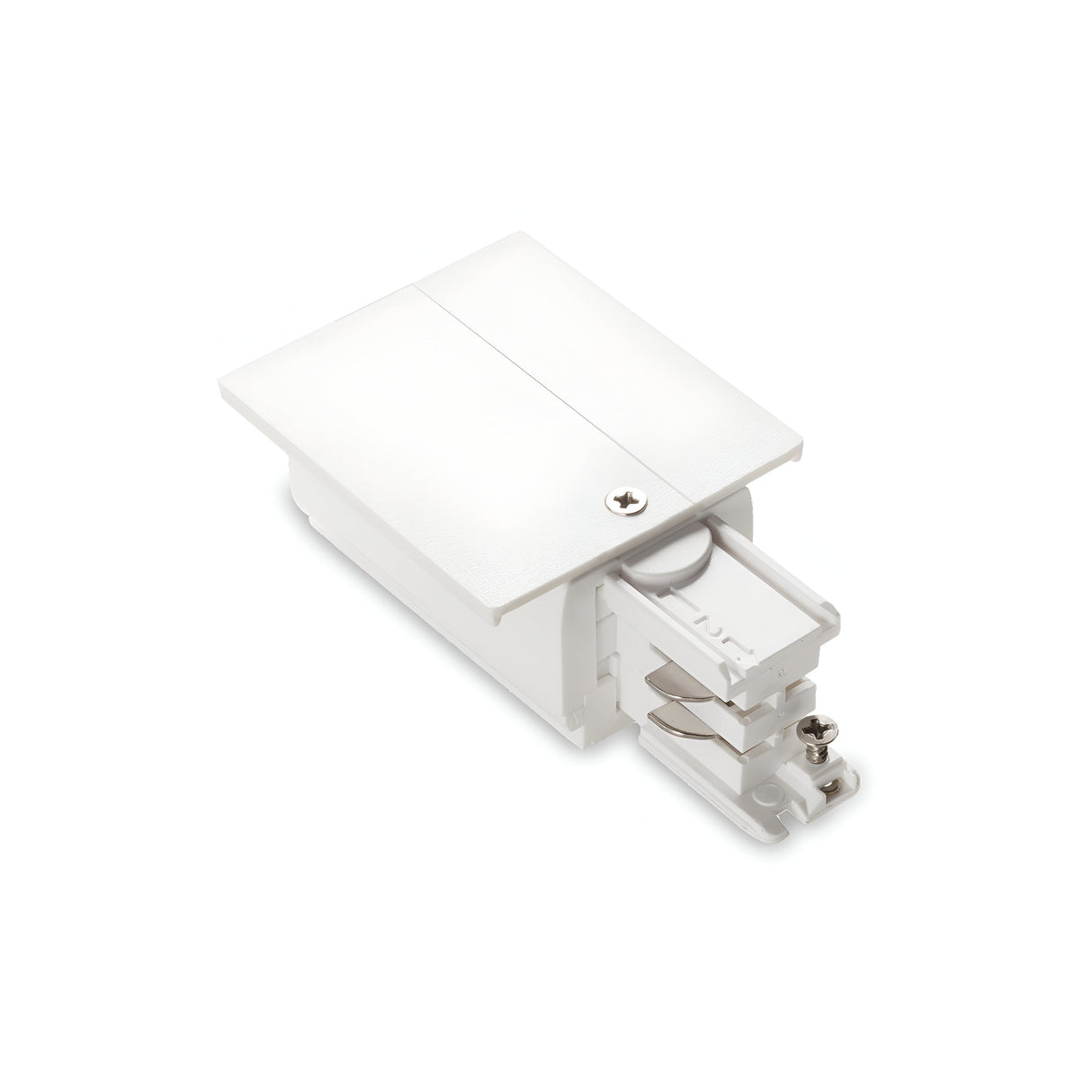 A white, rectangular Brillia 3-Phase Track End-Left Power Input with an on-off mechanism and a small screw on top, designed for connecting non-dimmable track lighting sections.