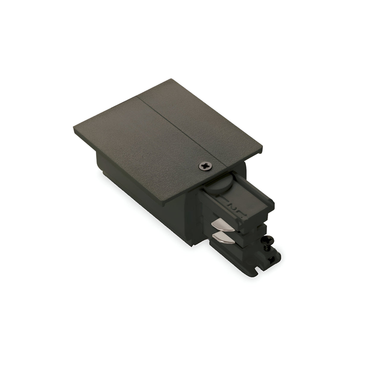 A top-down view showcases a rectangular, black metal junction box featuring a flat lid and a side connector, engineered for the Brillia 3-Phase Track End-Left Power Input - On-Off. The box includes a screw on the lid and visible mounting points on the sides, making it perfect for installing track lighting systems.