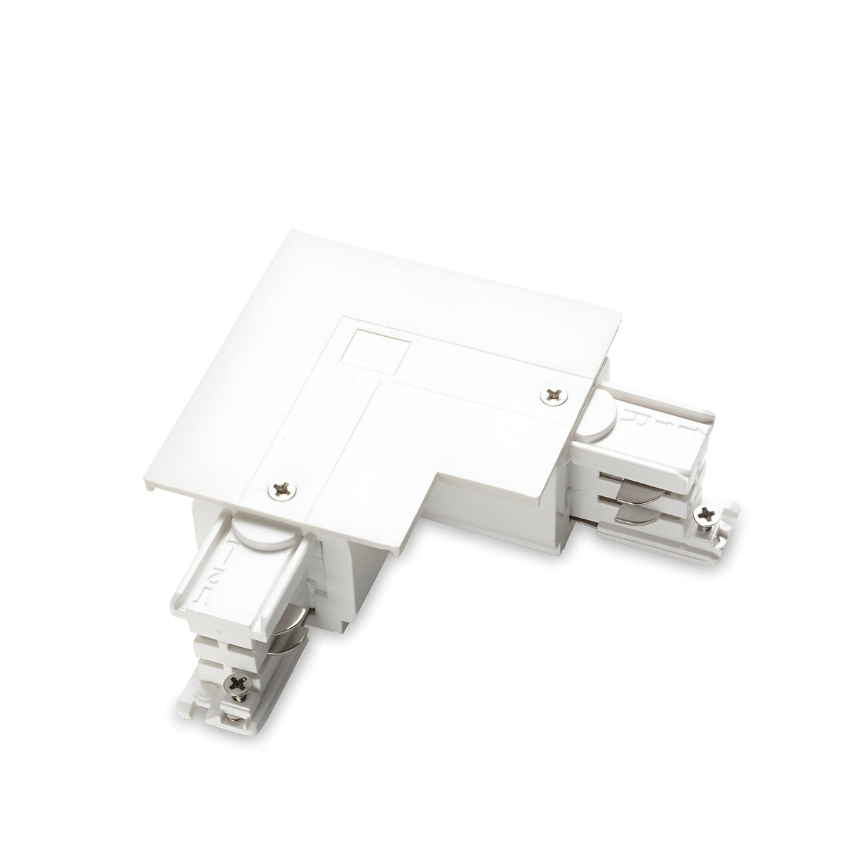 The Brillia L-Connector 3-Phase Track Right - On-Off in white is expertly designed for joining two sections of a 3-phase track lighting system at a right angle, featuring visible screws and terminals. It is highlighted against a white background, effortlessly combining functionality with modern design.