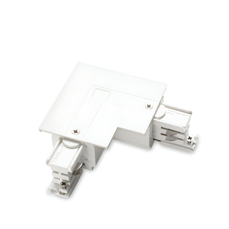 The Brillia L-Connector 3-Phase Track Right - On-Off in white is expertly designed for joining two sections of a 3-phase track lighting system at a right angle, featuring visible screws and terminals. It is highlighted against a white background, effortlessly combining functionality with modern design.