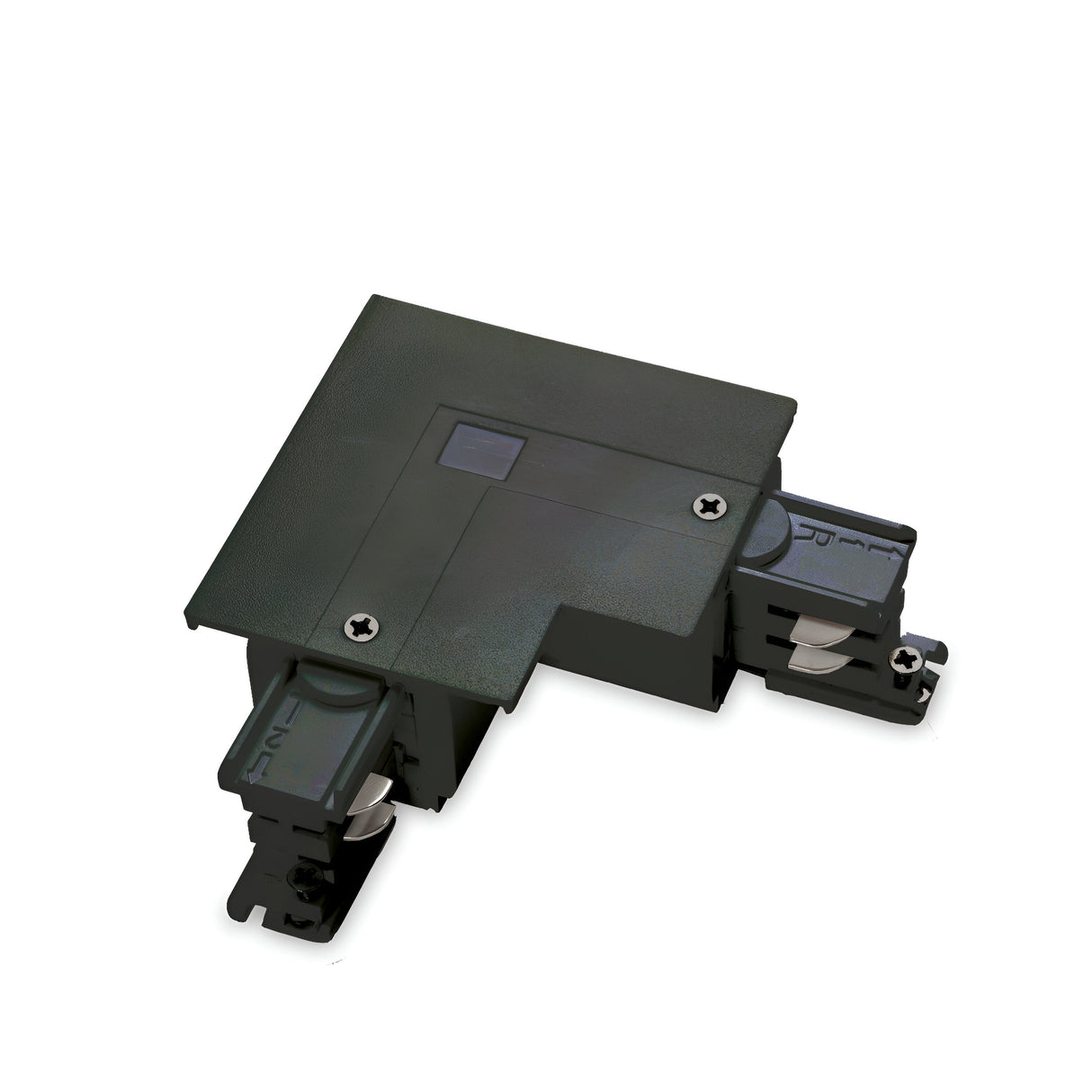 A black L-shaped electrical component, similar to the Brillia L-Connector 3-Phase Track Right - On-Off in black, is designed with two protruding parts for easy connection or installation in 3-phase track lighting. It is displayed against a plain white background.
