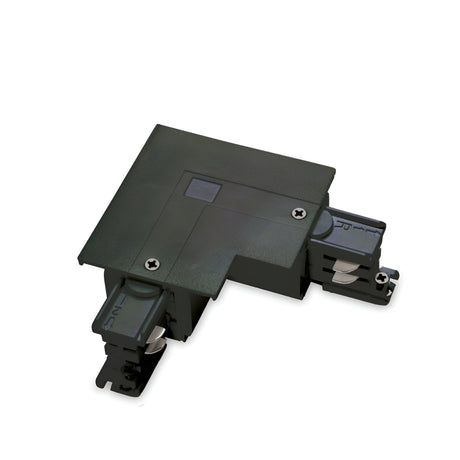 A black L-shaped electrical component, similar to the Brillia L-Connector 3-Phase Track Right - On-Off in black, is designed with two protruding parts for easy connection or installation in 3-phase track lighting. It is displayed against a plain white background.