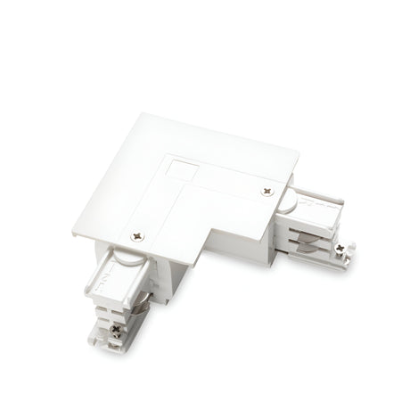 The Brillia 3-Phase L-Connector Track Left - On-Off in white is an ideal choice for track lighting systems. It features multiple slots and screws, designed specifically for wiring, with smooth surfaces and a functional utility appearance, all beautifully isolated on a plain white background.