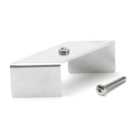 The Brillia Trim Recessed Track Bracket is a steel, right-angle bracket with a pre-inserted screw in its hole. An additional screw is placed beside it on a white background, indicating its compatibility with sophisticated track lighting systems.