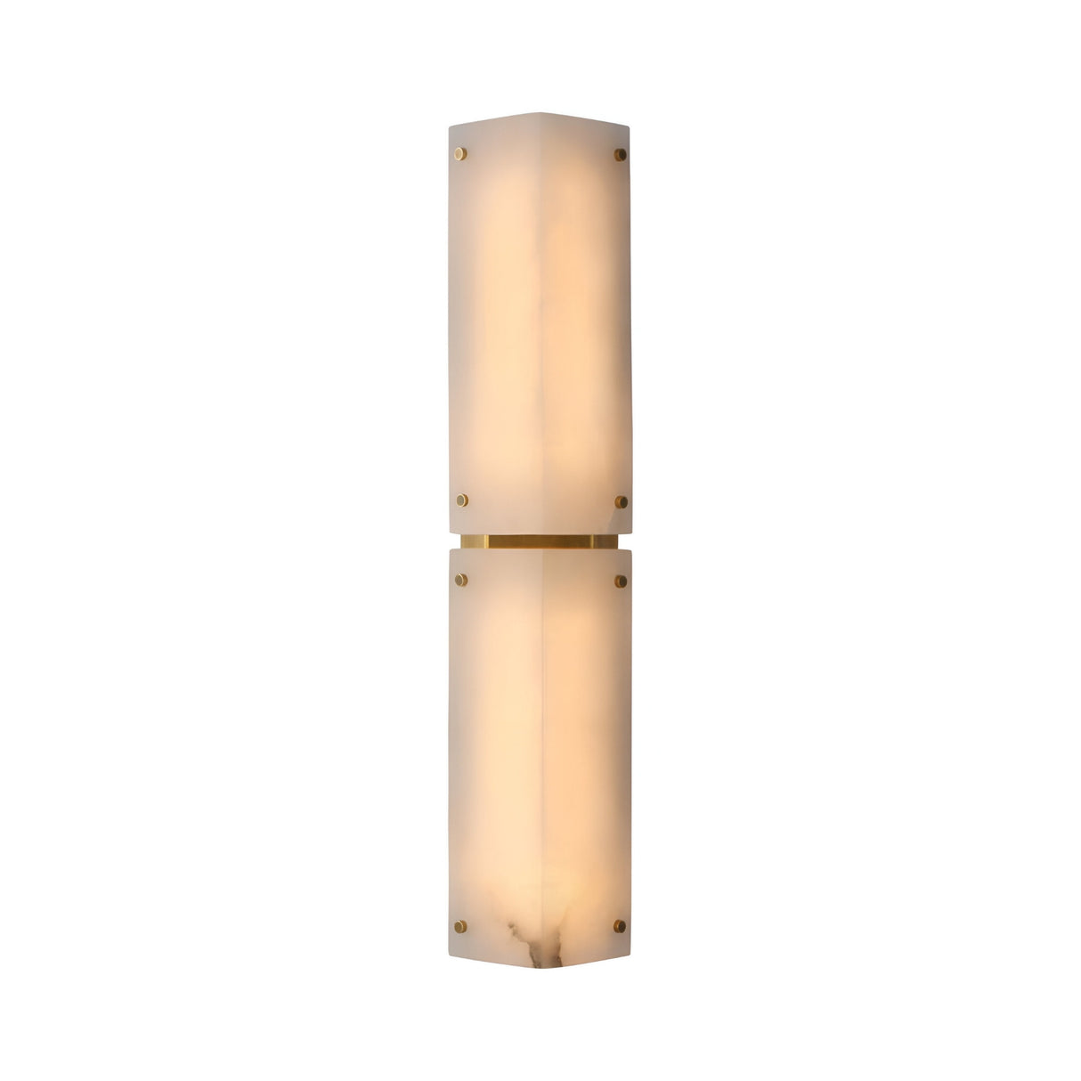 The Auralis 2 Light Double Alabaster Wall Light in Soft White features two stacked frosted panels with a brass accent, emitting a soft, warm glow—an elegant lighting choice for any space.
