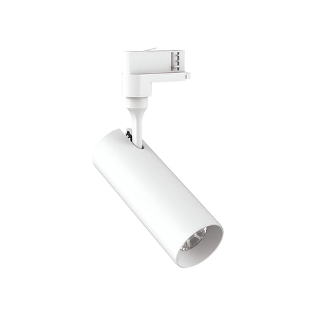 The Pristina LED Three Phase Track Spotlight, in white, boasts a sleek cylindrical design with a modern aesthetic and is attached to a matching white mounting base. It features CRI90 for vibrant color accuracy, providing adjustable directional lighting within a three-phase track system with its 15W power and 50° beam angle at 3000K.