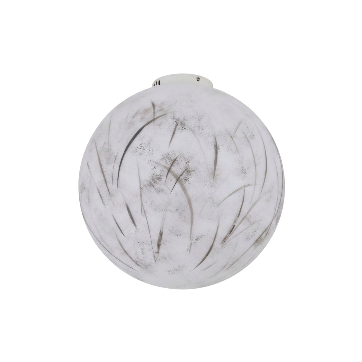 The Lunar Flush Ceiling Light - White features a round, frosted glass shade with gray streak patterns and a hand-painted finish, providing soft ambient lighting when mounted on the ceiling.