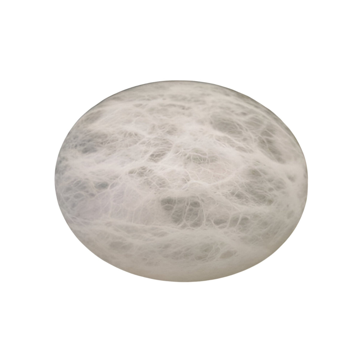 The Caldera Small Pebble Alabaster Table Lamp in Soft White features a smooth, round shape with delicate gray veining, resembling a refined pebble and casting an elegant glow. Shown isolated against a plain white background.