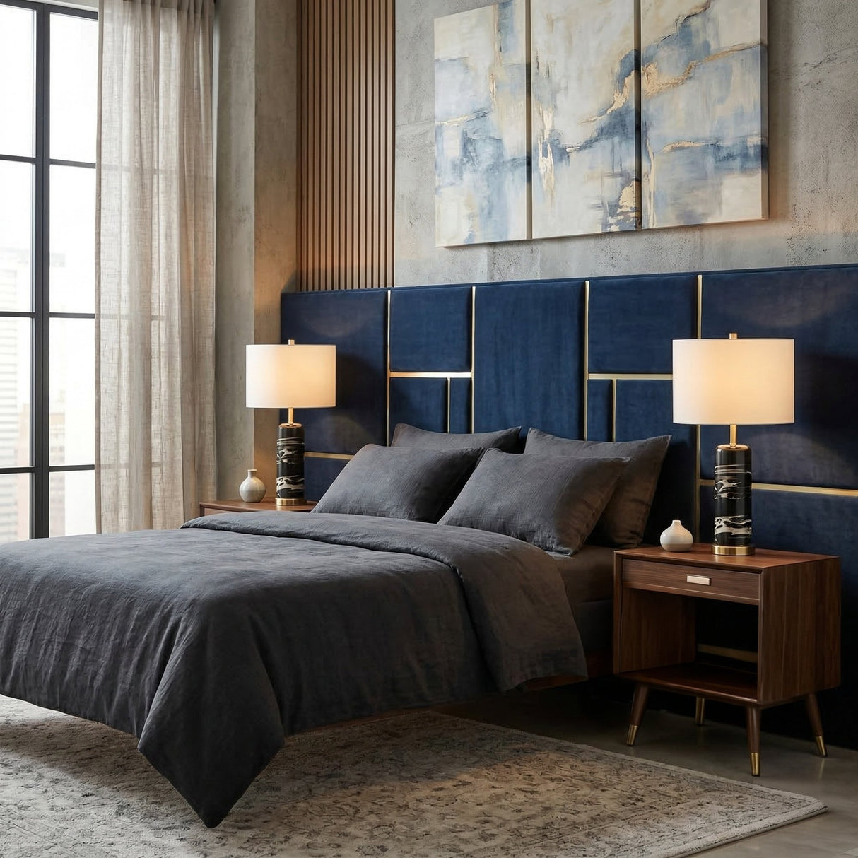 Modern bedroom with a blue upholstered headboard, abstract wall art, gray bedding, and wooden nightstands. Lunvera 1 Light Accent Ring Marble Table Lamp - Brass & Black adds elegance. Large window with sheer curtains brings natural light.