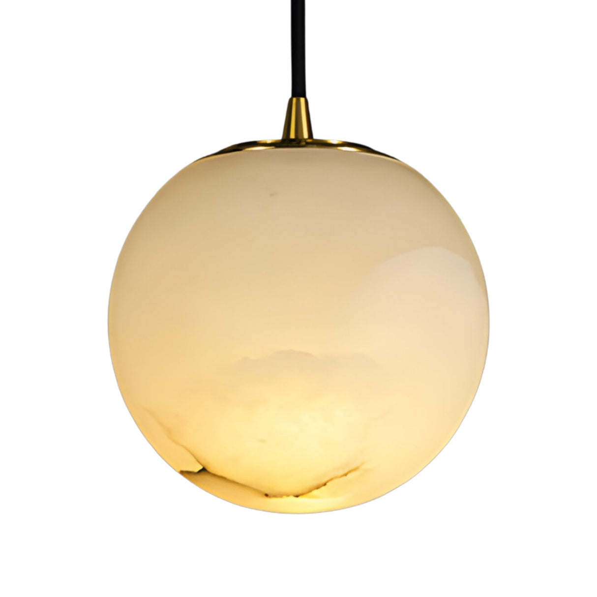 The Lyvane 1 Light Large Globe Alabaster Single Pendant Light in Soft White features a smooth cream alabaster globe shade with a gold cap, hanging from a black cord against a white background.