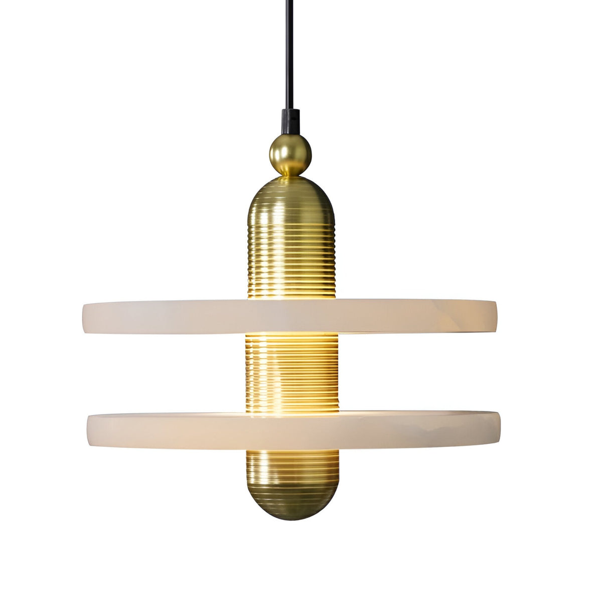 The Nyxara LED Small Double Tiered Alabaster Single Pendant Light in soft white and gold features a ribbed brass center with two wide horizontal alabaster rings, suspended by a black cord for an elegant, modern look.