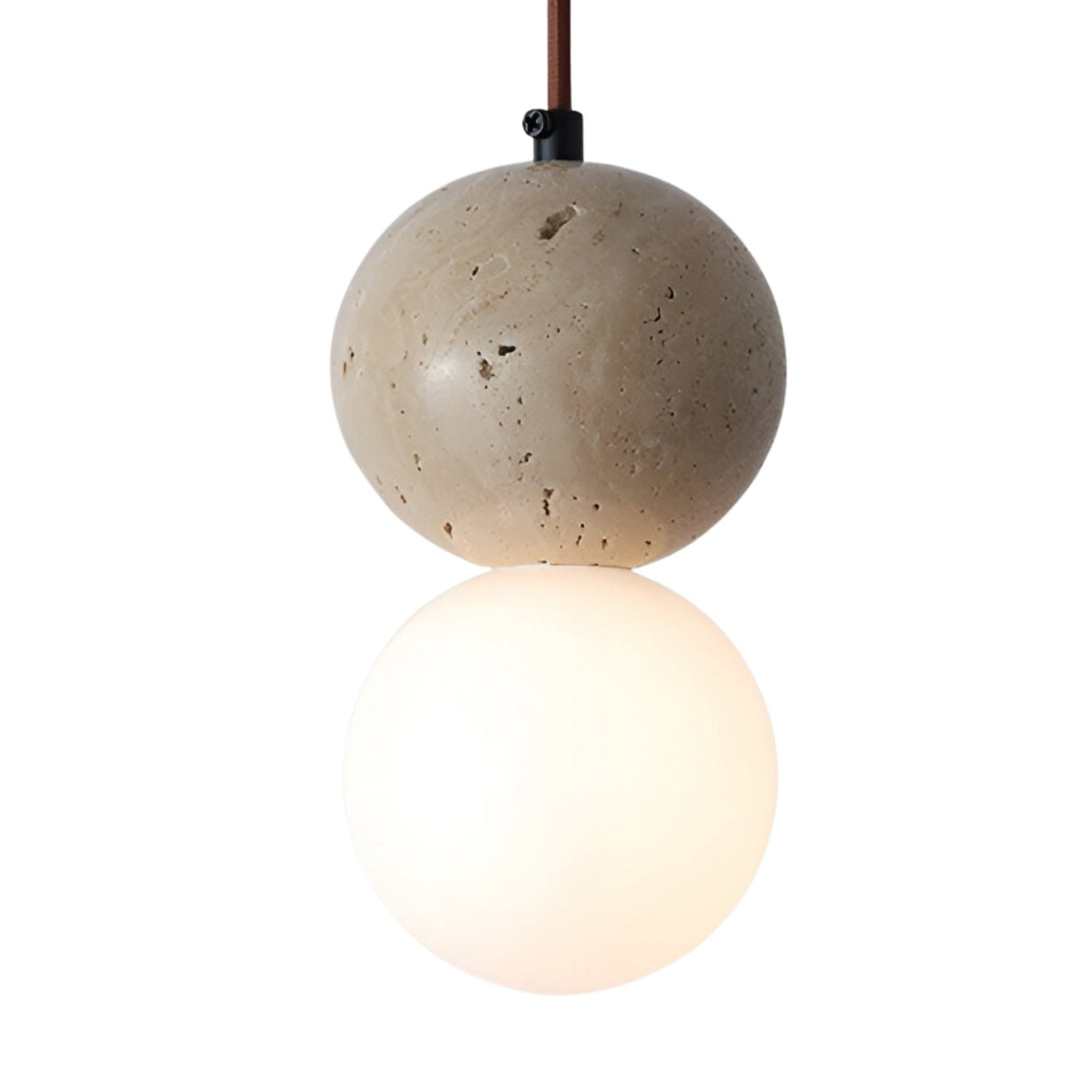 The Belvoro 1 Light Dual Sphere Travertine Single Pendant Light in light beige features a natural travertine stone sphere above a glowing white glass sphere, both suspended by a brown cord against a white background.