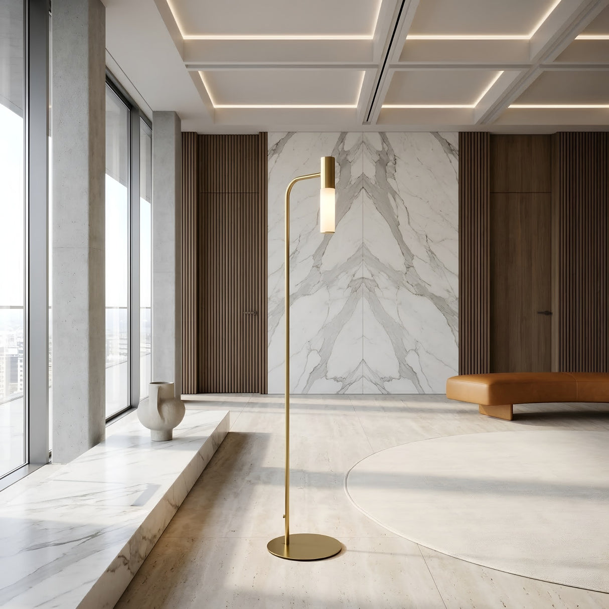 A modern minimalist interior with marble floors and walls, a Magari Floor Lamp - Gold, a low tan bench, wooden wall panels, and large floor-to-ceiling windows with city views.