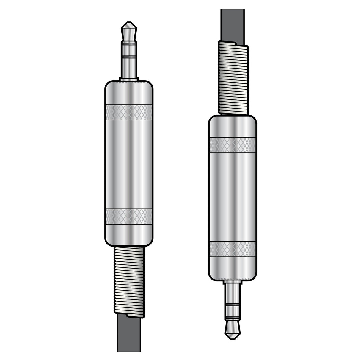 Illustration of two Citronic Classic Audio Leads: one with a coiled cable on the left and the other with a straight cable on the right. Each lead features a metallic cylindrical body and knurled rings for grip, crafted from pure copper, terminating in a 3.5mm stereo plug at each end.