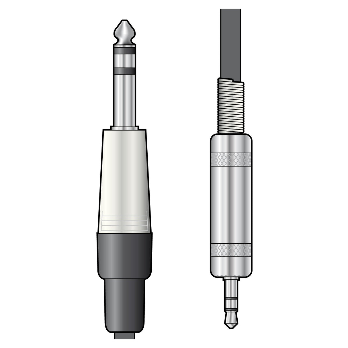 Illustration of two types of audio connectors. The first is a Citronic Classic Audio Lead with a larger, quarter-inch mono plug featuring a black sleeve and white casing. The second includes stereo TRS jack plugs with a smaller 3.5mm version that boasts pure copper conductors encased in a textured metallic casing attached to a black cable, available in a 0.75m length.