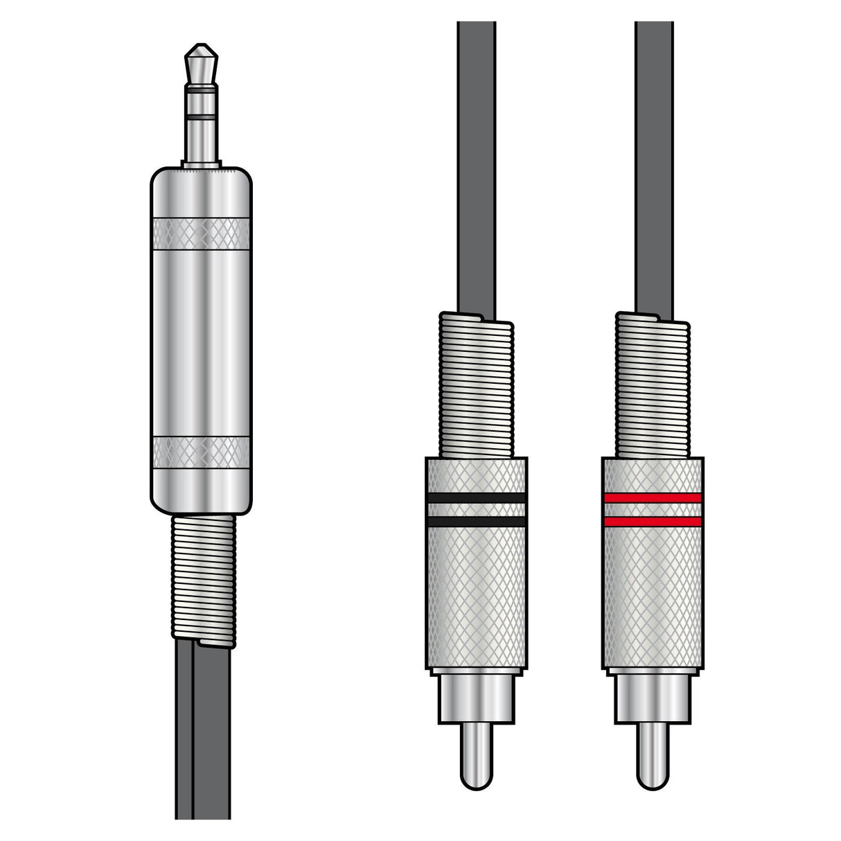 Illustration of the Citronic Classic Audio Lead showcasing a 3.5mm TRS jack plug on the left and red and black RCA phono plugs on the right, connected by sleek black cables spanning 1.5 meters.