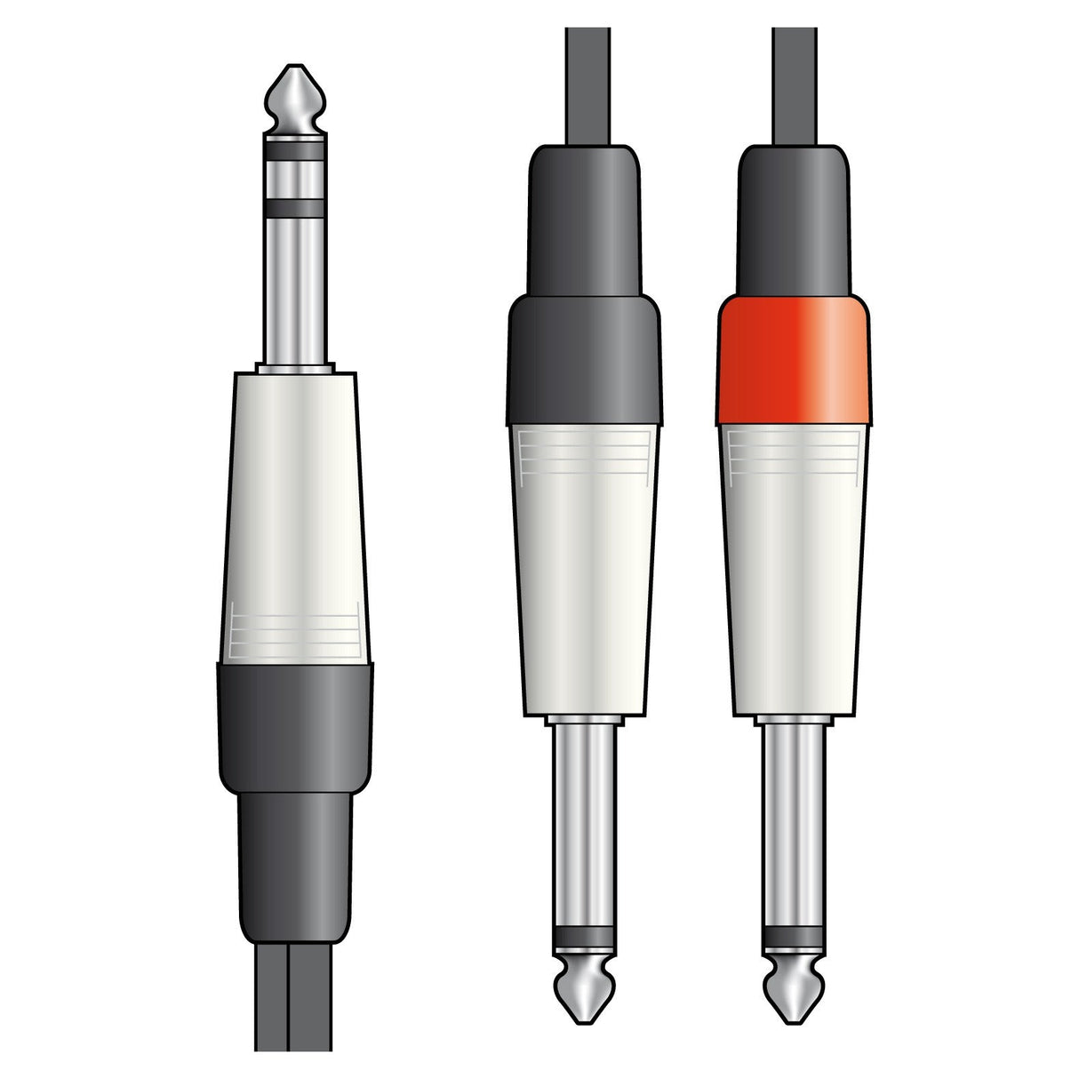 Illustration of the Citronic Classic Audio Lead, a 1.5m cable with three connectors. On the left is a 6.3mm TRS stereo plug showcasing a black and gray design with pure copper conductors. On the right are two 6.3mm mono plugs; one has a black ring, and the other features a red ring, both displaying a black and white design.