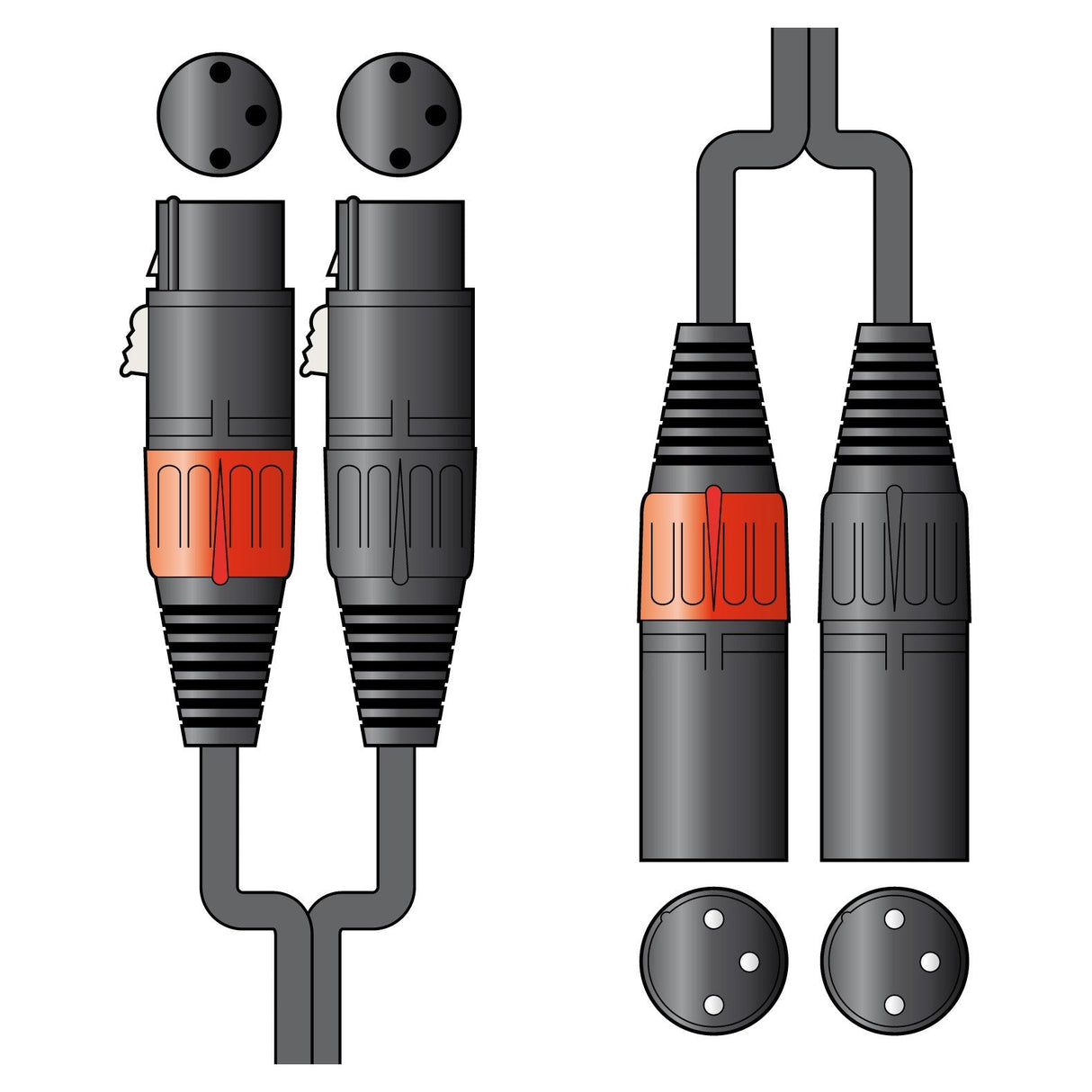 Front and side views of Citronic Classic Audio Lead 2 XLR Female to 2 XLR Male - 1.5m cables in black and red, featuring close-ups of the three-pin connectors at both ends.