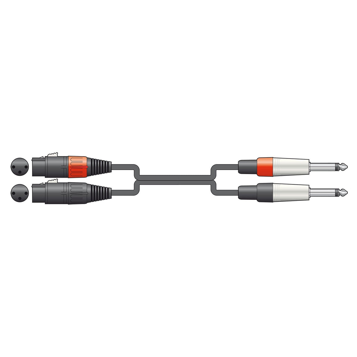 Illustration of the Citronic Classic Audio Lead, showcasing two black XLR female connectors on one end and two silver mono jack plugs on the other, all linked by a sleek gray 3m cable.