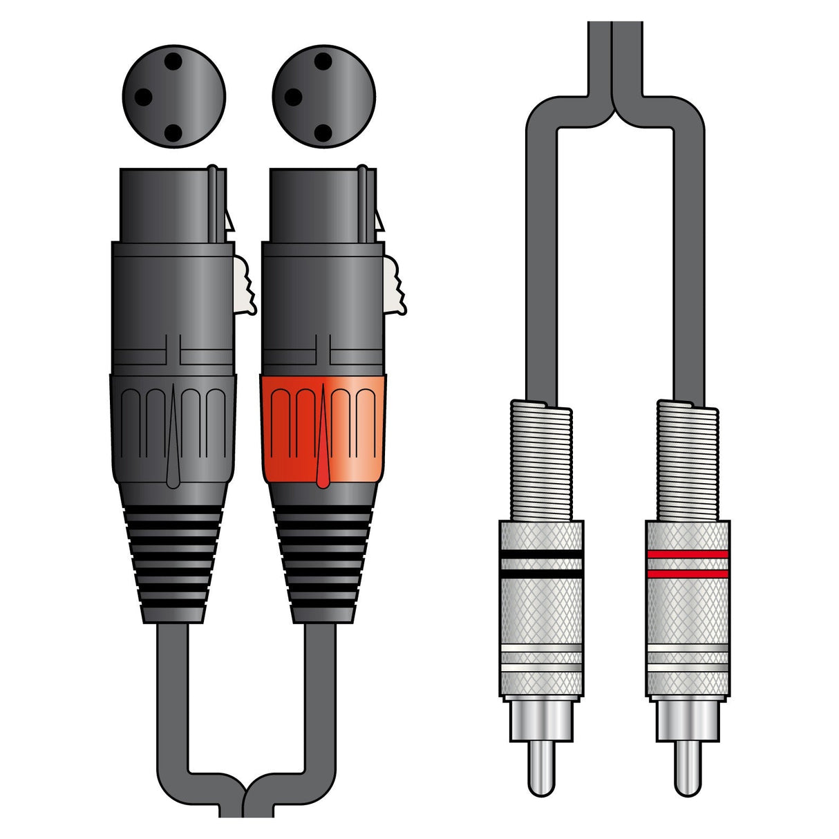 Illustration of a Citronic Classic Audio Lead featuring two shielded audio cables: one with XLR female connectors on the left, designed with a black and red sleeve, and another with RCA plugs on the right, displaying a white and red plug. Both are shown against a clean white background.