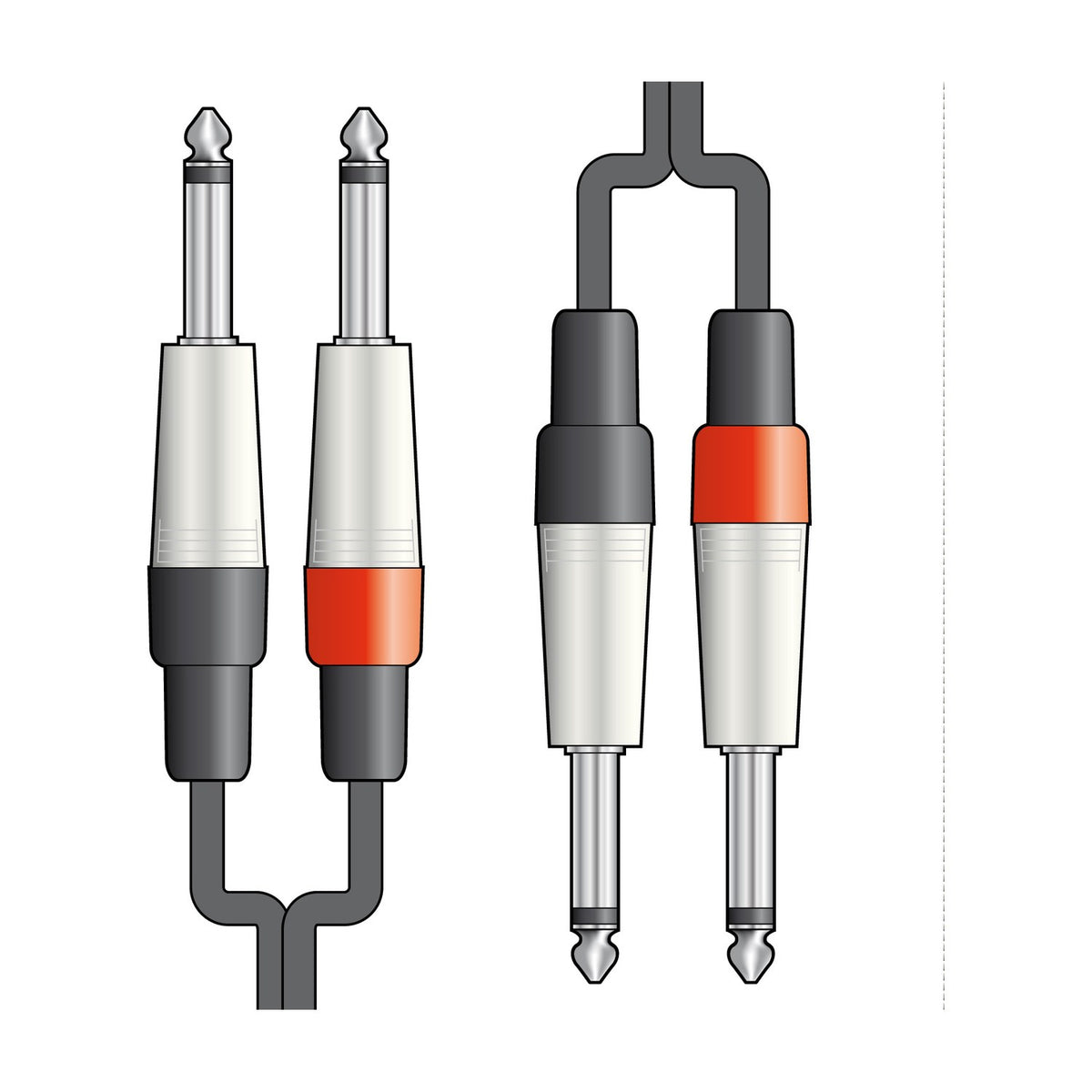 Citronic 2M6J-J300 dual 6.3mm mono jack audio lead showing four silver jack plugs with black and red collars on a white background.