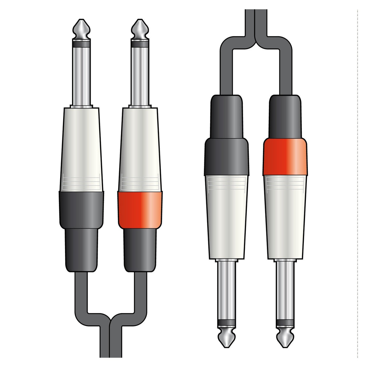 Illustration of two Citronic Classic Audio Leads featuring 6.3mm jack plugs. One cable is designed in black with white and red sections, while the other is entirely black and gray. Both cables have dual connectors at each end, ensuring a reliable connection for your audio needs over a span of 6 meters.