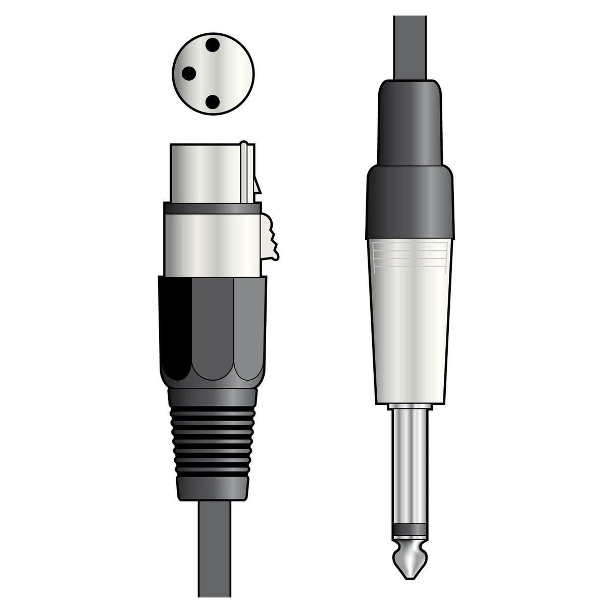 Illustration showcasing two audio connectors from the QTX Essential Microphone Lead XLR To Jack Plug - 12m: on the left, an XLR connector with three pins and a partially visible microphone lead, and on the right, a quarter-inch (6.35 mm) jack plug with a white and black body resembling a mono jack. Both are depicted in vertical orientation.