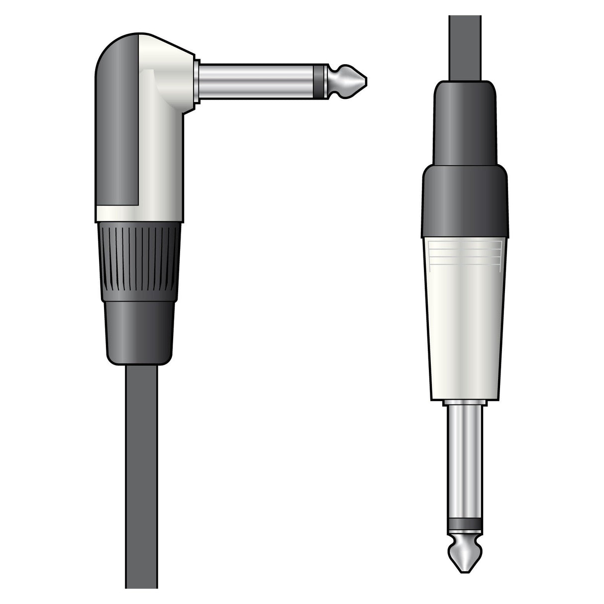 Illustration featuring the QTX Essential Guitar Lead RA - 3m: it showcases one angled and one straight mono jack plug, each with metallic tips and cylindrical plastic housings with ribbed grips, perfect for transmitting unbalanced signals through black cables.