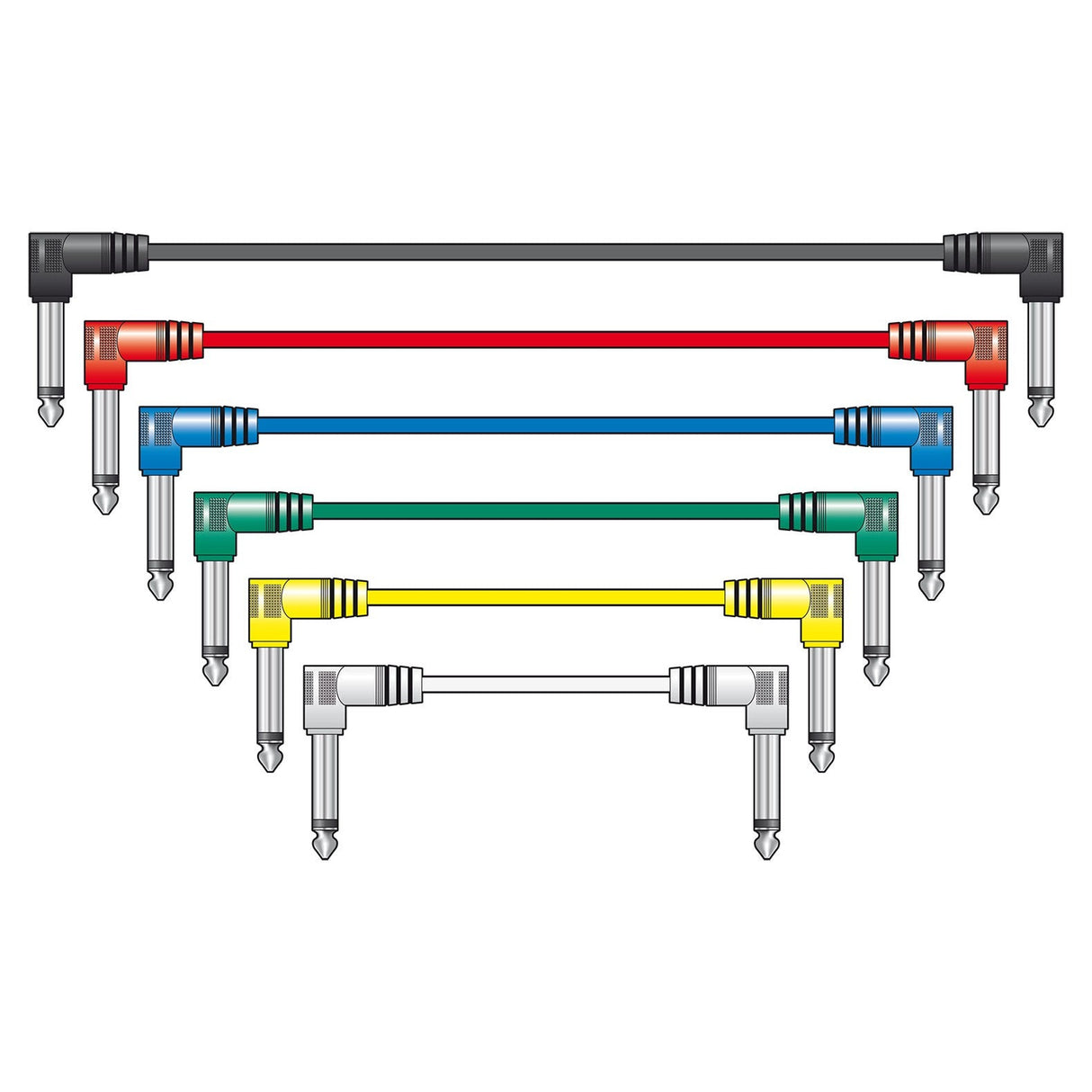 Description: A display of six premium Citronic Classic Audio Patch Leads, each in a bold color (black, red, blue, green, yellow), elegantly fanned out. These 0.5m leads are designed with shielded cables and metal-tipped right-angled jack plugs for optimal performance and dependability.