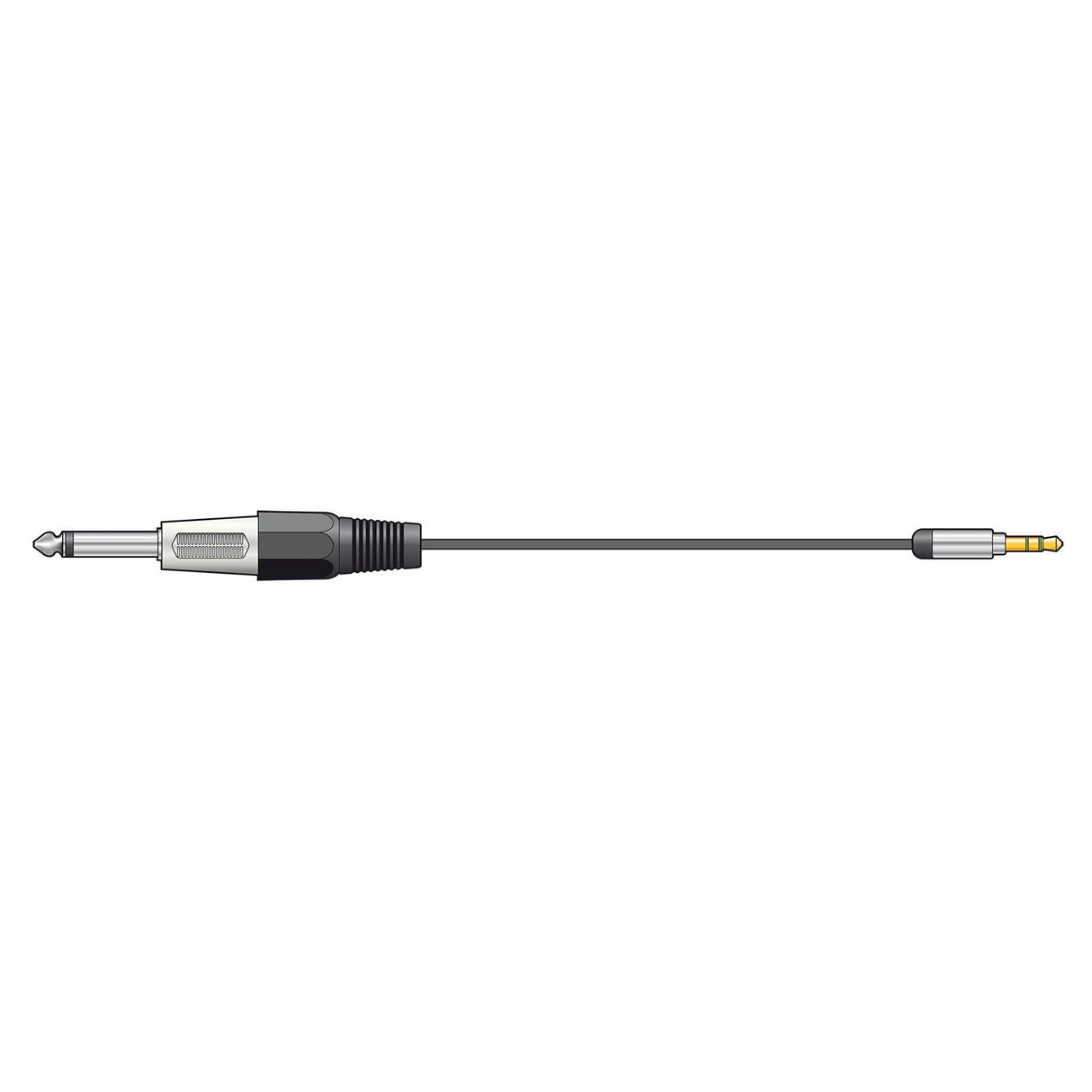 An illustration of the Citronic Classic Audio Lead showcases its sleek black cable, with a 6.3mm jack on one end and a 3.5mm stereo jack on the other, both silver ends enhancing its seamless connectivity.