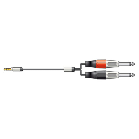 Illustration of the Citronic Classic Audio Lead, featuring a 1.5m cable with a 3.5mm stereo jack on one end and two 1/4 inch mono plugs—one marked with a red band and the other with a black band—perfect for connecting to a stereo amplifier.