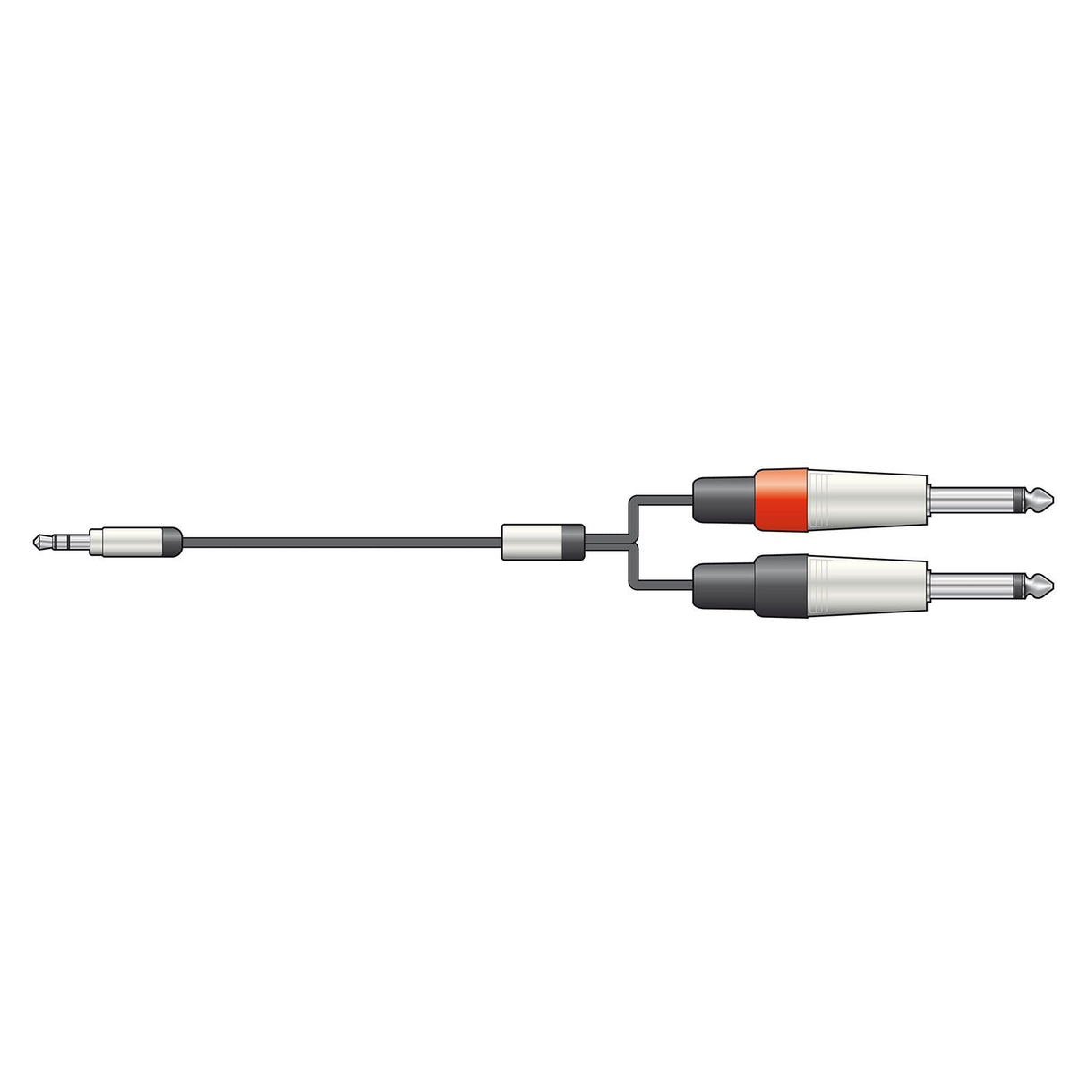 Illustration of the Citronic Classic Audio Lead 3.5mm Stereo Jack splitting into two 6.35mm mono plugs with distinct red and black bands on a white background, seamlessly connecting devices to any stereo amplifier.