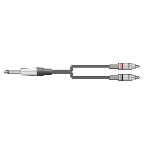Illustration of the Citronic Classic Audio Lead, showcasing a black and silver 6.3mm mono jack on one end and two silver RCA phono plugs on the other. The RCA connectors feature red and black rings and are constructed with pure copper conductors to ensure optimal sound quality, extending to a length of 3 meters.