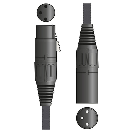 Illustration of a Citronic Braid XLRF To XLRM Lead - 1.5m, featuring a gray circular three-pin electrical connector and a braided design. The image displays both connected and disconnected views, showcasing the plug and socket halves along with diagrams indicating the positions of the three pins and corresponding holes.