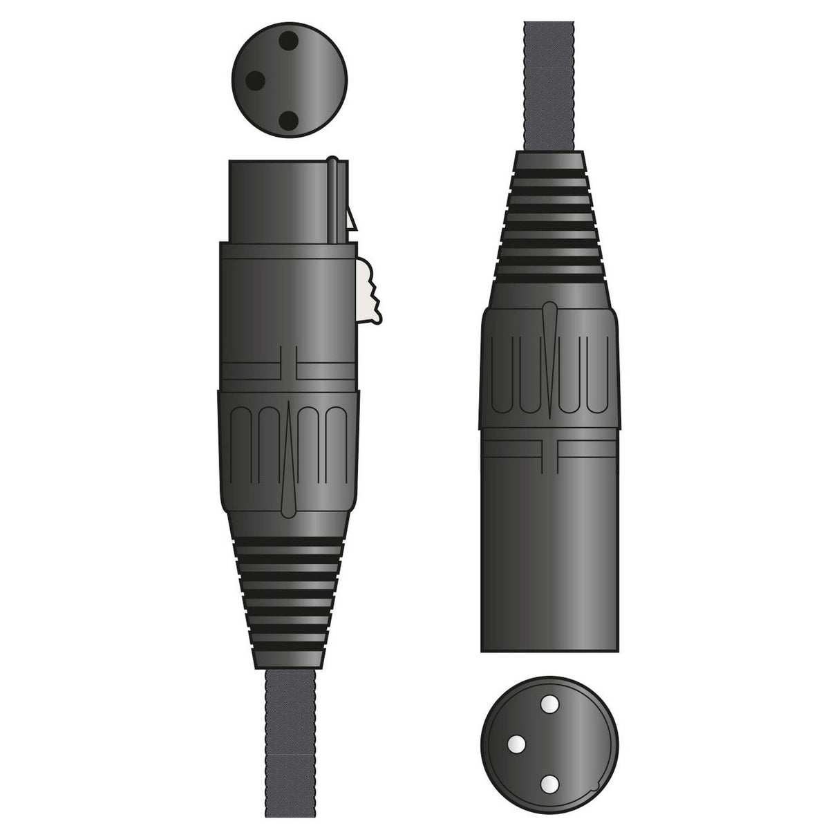 Illustration of the Citronic Braid XLRF to XLRM Lead - 6m featuring a cylindrical connector with two black cable sections. One section displays a three-pin male connector, while the other has a three-hole female connector, aligned for connection. Separate views emphasize the braided XLR cable design with pure copper wire conductors for optimal performance.