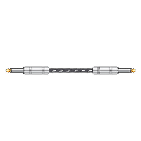 Depiction of the Citronic Classic Braided Guitar Lead 3m in a black and white retro style features two silver connectors at each end. These connectors have gold tips and a textured finish, with pure copper conductors for enhanced quality. The cable is straight, arranged horizontally against a white background.