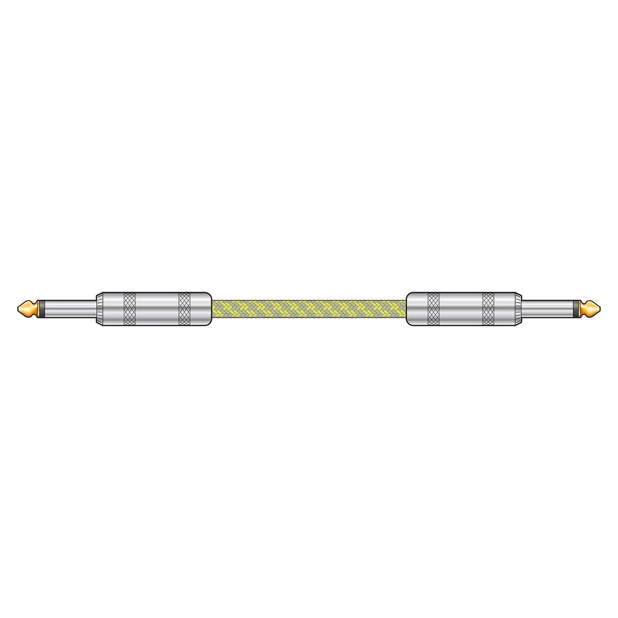 Illustration of a yellow guitar cable with two silver connectors on each end, featuring pure copper conductors. The connectors have a knurled texture, and the lead boasts an anti-tangle nylon braid for a flexible, woven appearance. The background is white.