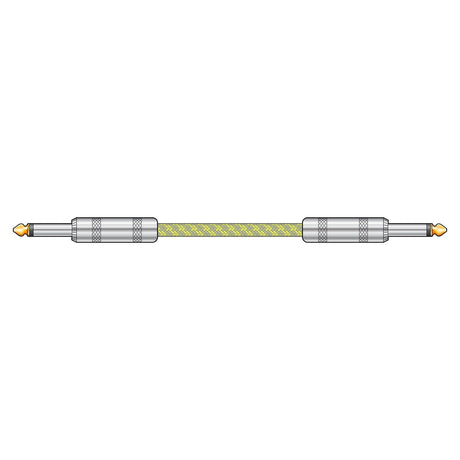 Illustration of a yellow guitar cable with two silver connectors on each end, featuring pure copper conductors. The connectors have a knurled texture, and the lead boasts an anti-tangle nylon braid for a flexible, woven appearance. The background is white.