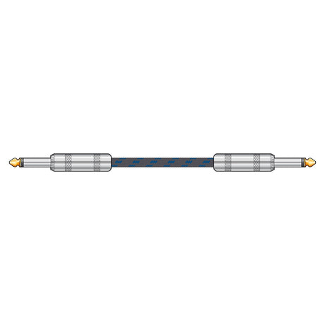 A depiction of the Citronic Classic Braided Guitar Lead 3m in Black/Blue, showcasing its retro style with silver connectors and a braided black and blue cord. The cable is shown horizontally across the image, highlighting its anti-tangle braid and gold-plated tips at both ends.