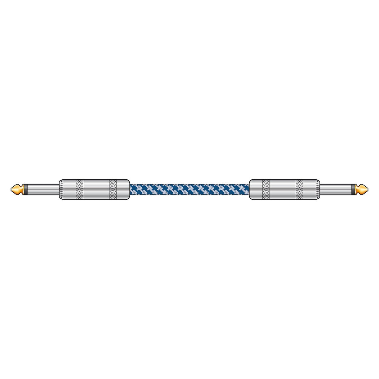 The digital illustration features a Citronic Classic Braided Guitar Lead with a distinctive blue and white houndstooth pattern. This retro design highlights its anti-tangle properties and includes silver-colored metal connectors with gold-tipped 6.3mm jack plugs on both ends, all set against a plain white background.