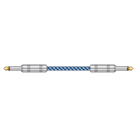 The digital illustration features a Citronic Classic Braided Guitar Lead with a distinctive blue and white houndstooth pattern. This retro design highlights its anti-tangle properties and includes silver-colored metal connectors with gold-tipped 6.3mm jack plugs on both ends, all set against a plain white background.