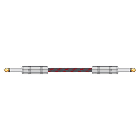 Illustration of the Citronic Classic Braided Guitar Lead, a two-pronged cable with metal connectors on both ends. This black cable, accented in red, evokes a retro style and features a durable and flexible nylon braid texture. It is designed with pure copper conductors for optimal performance.