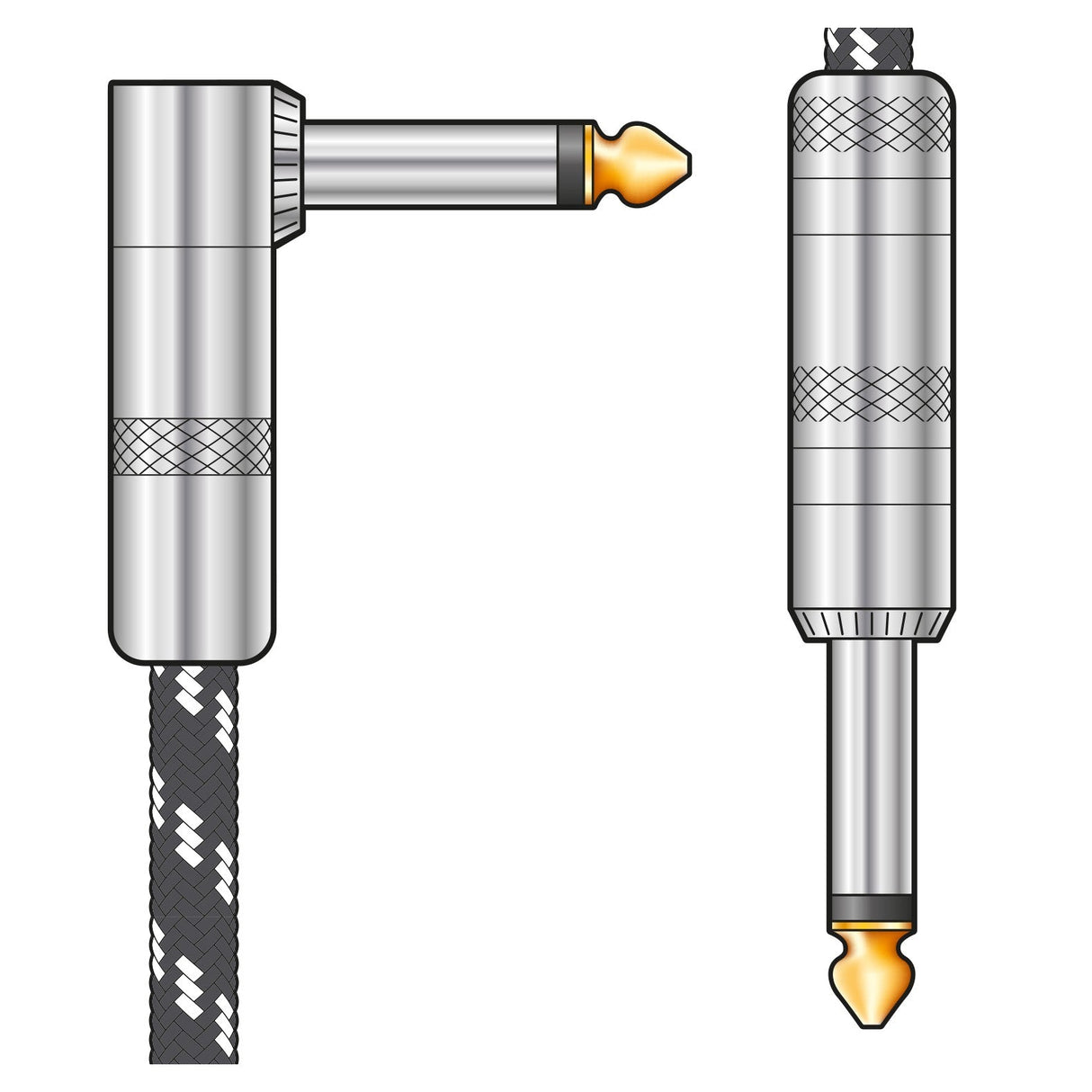 Illustration of the Citronic Braided Guitar Lead R/A 3m in black and white: one cable features a 90-degree angled mono jack plug, while the other has a straight plug. Both plugs come with metal housings and textured grips, highlighting their retro braided guitar cable style with nylon-braid audio leads.