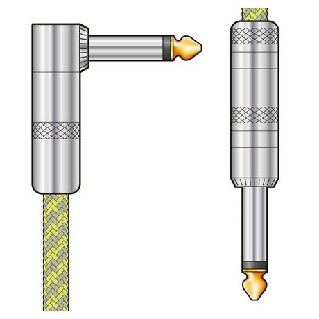 Illustration of two high-quality connectors: one featuring a right-angle plug with an anti-tangle lead in a grey and gold retro braided design, and the other showcasing a straight plug with similar styling. Both connectors are equipped with silver metallic casings and gold-colored tips.