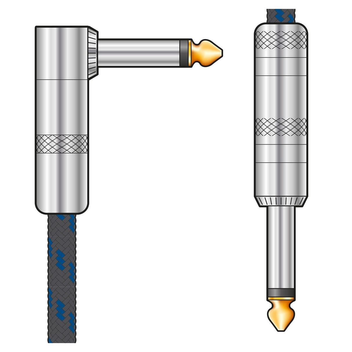 Illustration of two audio jack plugs. On the left is the Citronic Braided Guitar Lead R/A 3m in blue and black, showcasing a retro braided design. On the right is a straight plug. Both plugs feature high-quality connectors with metallic finishes and gold tips.