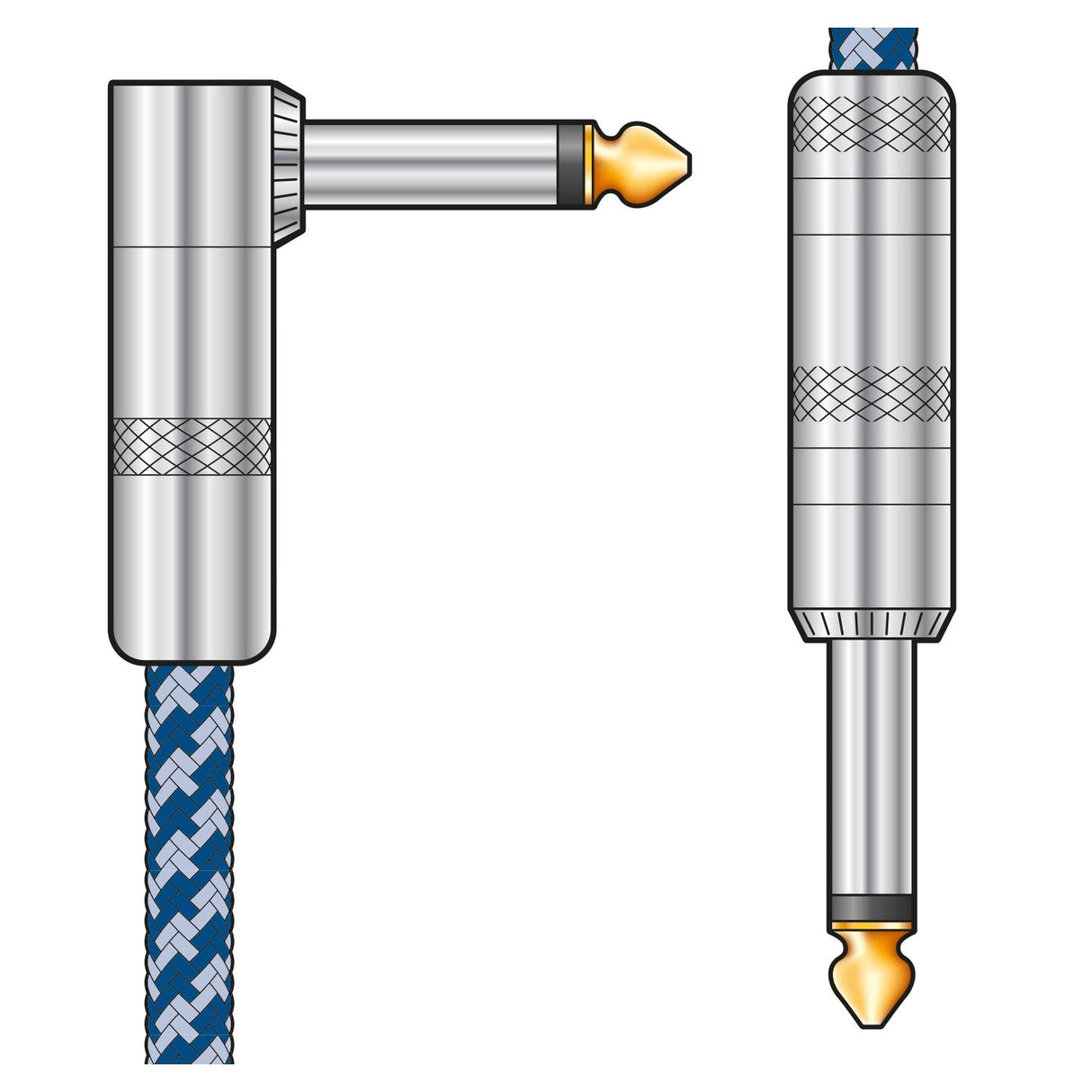 Illustration of two audio jack connectors. The left features a right-angle plug with a blue and white nylon-braid audio lead from the Citronic Braided Guitar Lead R/A 3m, while the right showcases a straight plug of similar design. Both jacks boast metallic finishes and textured grips, embodying the retro style guitar cable aesthetic.