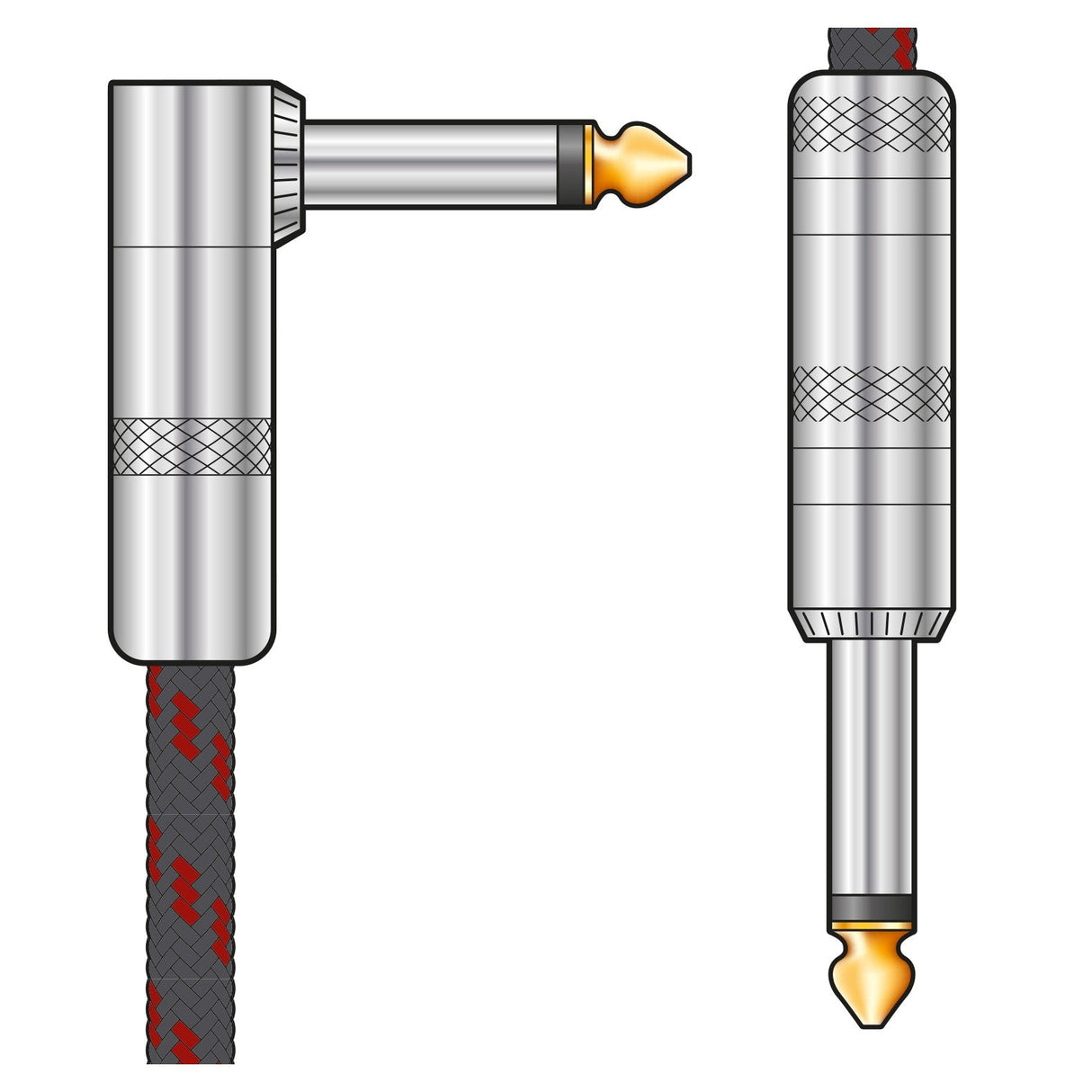 Illustration of the Citronic Braided Guitar Lead R/A 3m - Black/Red, showcasing two audio jacks: one with a 90-degree angle and the other straight. Both feature a retro braided design. The textured knit cable displays a dynamic black and red pattern with an anti-tangle nylon braid cover, complemented by metal connectors with gold tips.